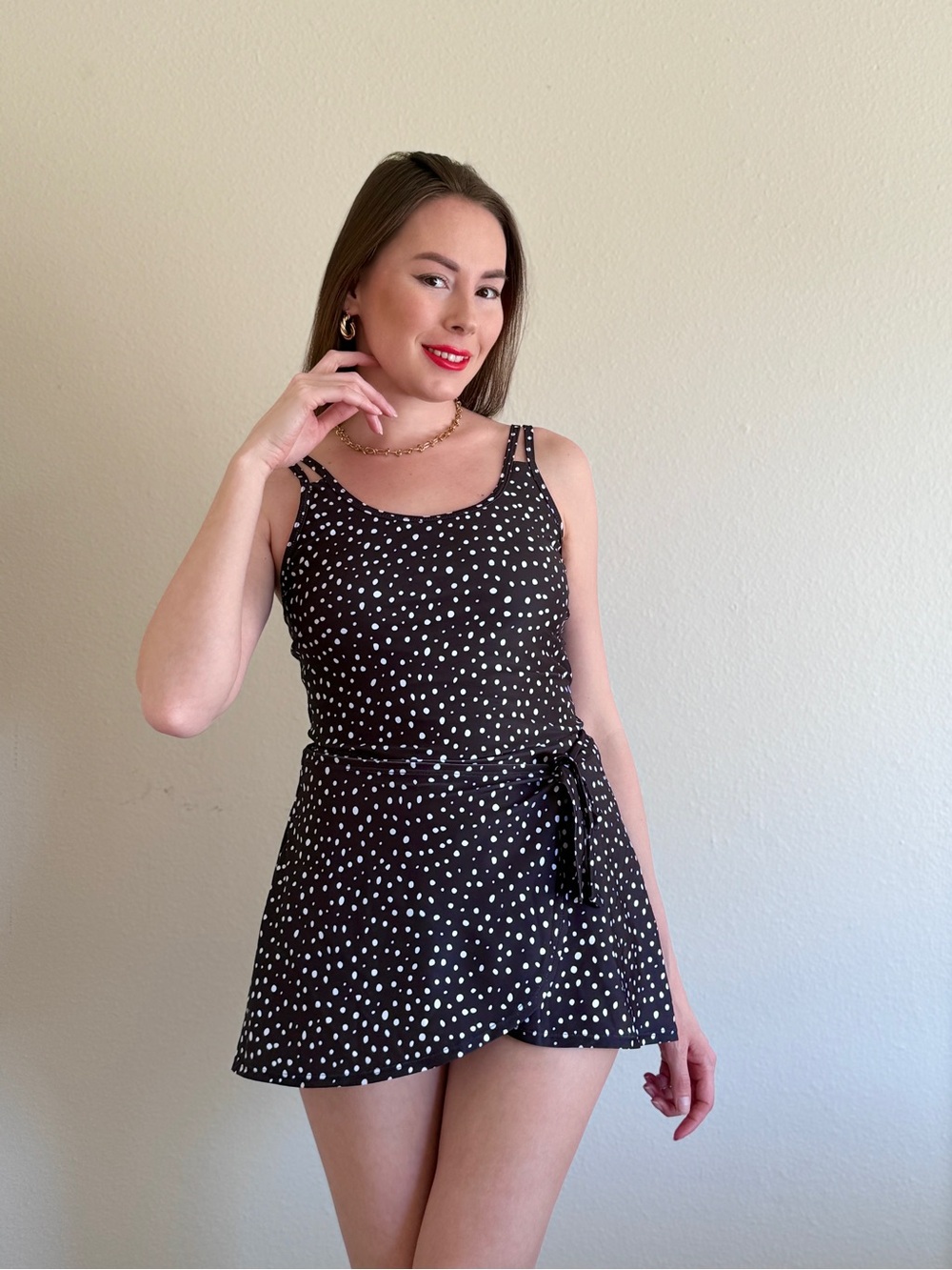 Black Polka Dot Tie-Waist Swim Dress with built in brief